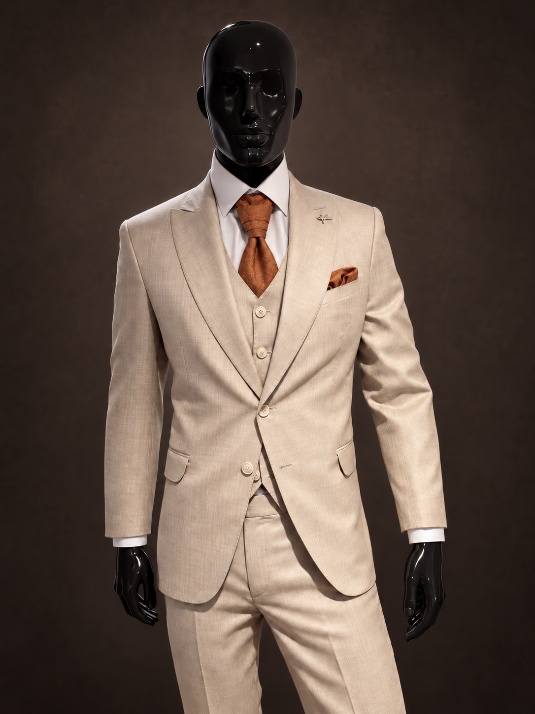 Traje beige de tres piezas con chaleco, corbatón terracota y pin plateado VR