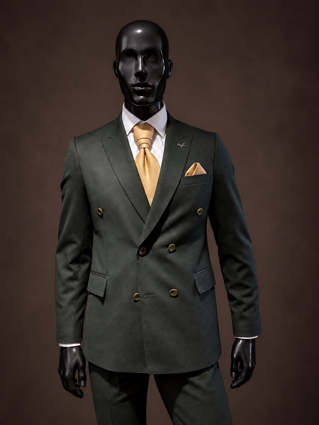 Traje verde cruzado con botones dorados y pañuelo de bolsillo